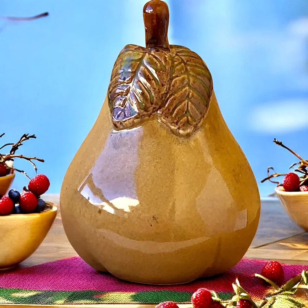 Ceramic Pear Fruit With Leaf Stem Decorative Figurine 7.6